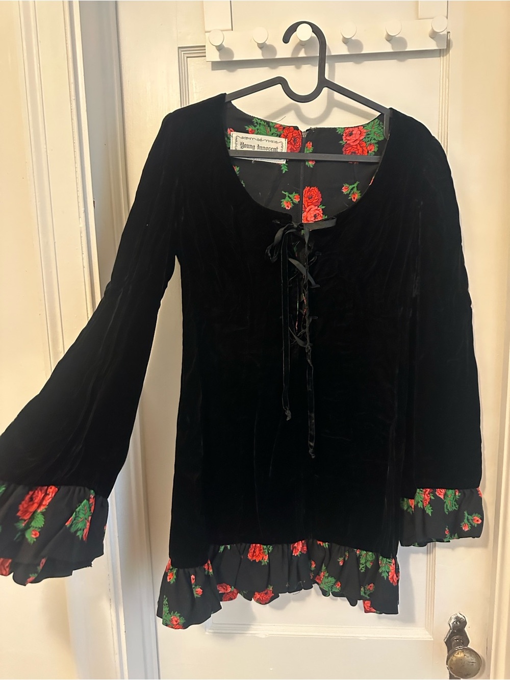 Rare 1970s Young Innocent Velvet Top/Dress Rose Trim Lace Up